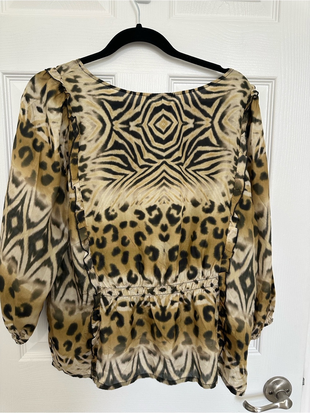 Johnny Was Med Mixed Animal Print Sheer Blouse - Brown Black Cream #100% Silk